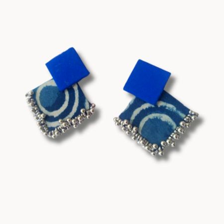 Indigo Print And Silver Ghungroo Fabric Earrings